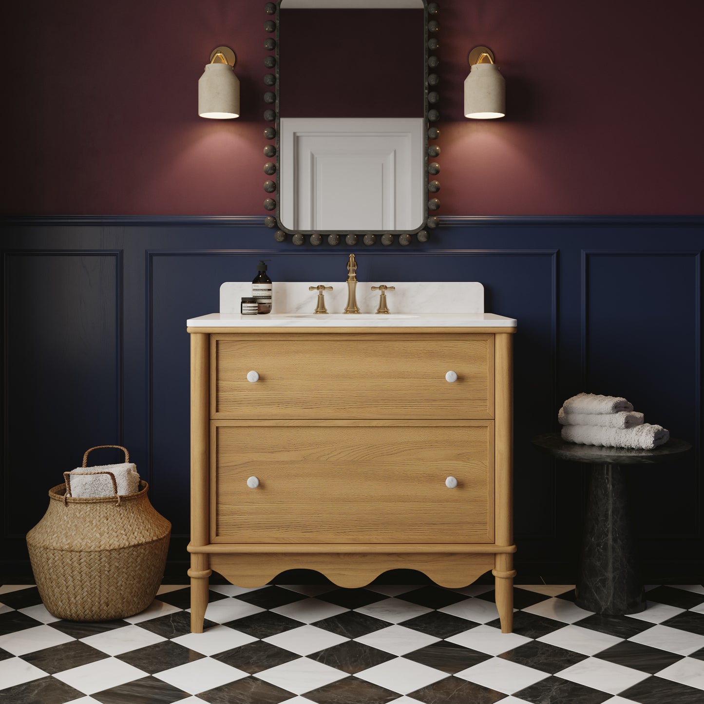 Juliette 36"W Scallop Single Bathroom Vanity | Natural Enhanced Oak | Cultured Marble Countertop