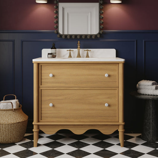 Juliette 36"W Scallop Single Bathroom Vanity | Natural Enhanced Oak | Cultured Marble Countertop