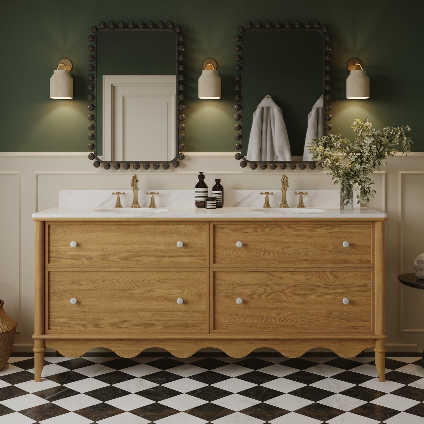 Juliette 72"W Scallop Single Bathroom Vanity | Natural Enhanced Oak | Cultured Marble Countertop