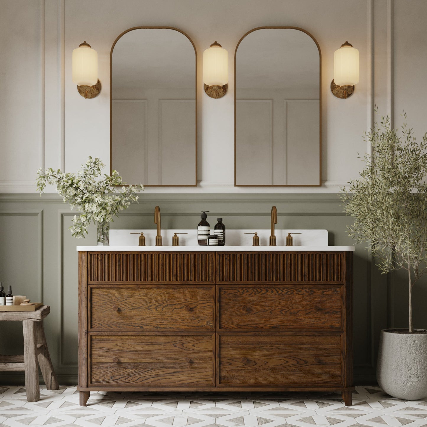 Kathryne 60" Double Bathroom Vanity in Enhanced Brown Oak | Statuario Quartz Countertop