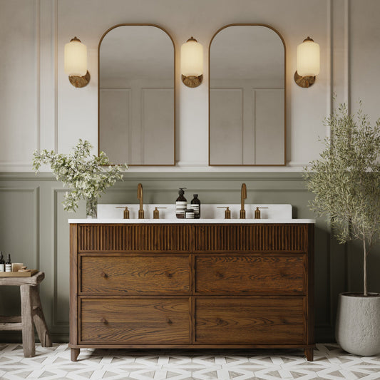 Kathryne 60" Double Bathroom Vanity in Enhanced Brown Oak | Statuario Quartz Countertop