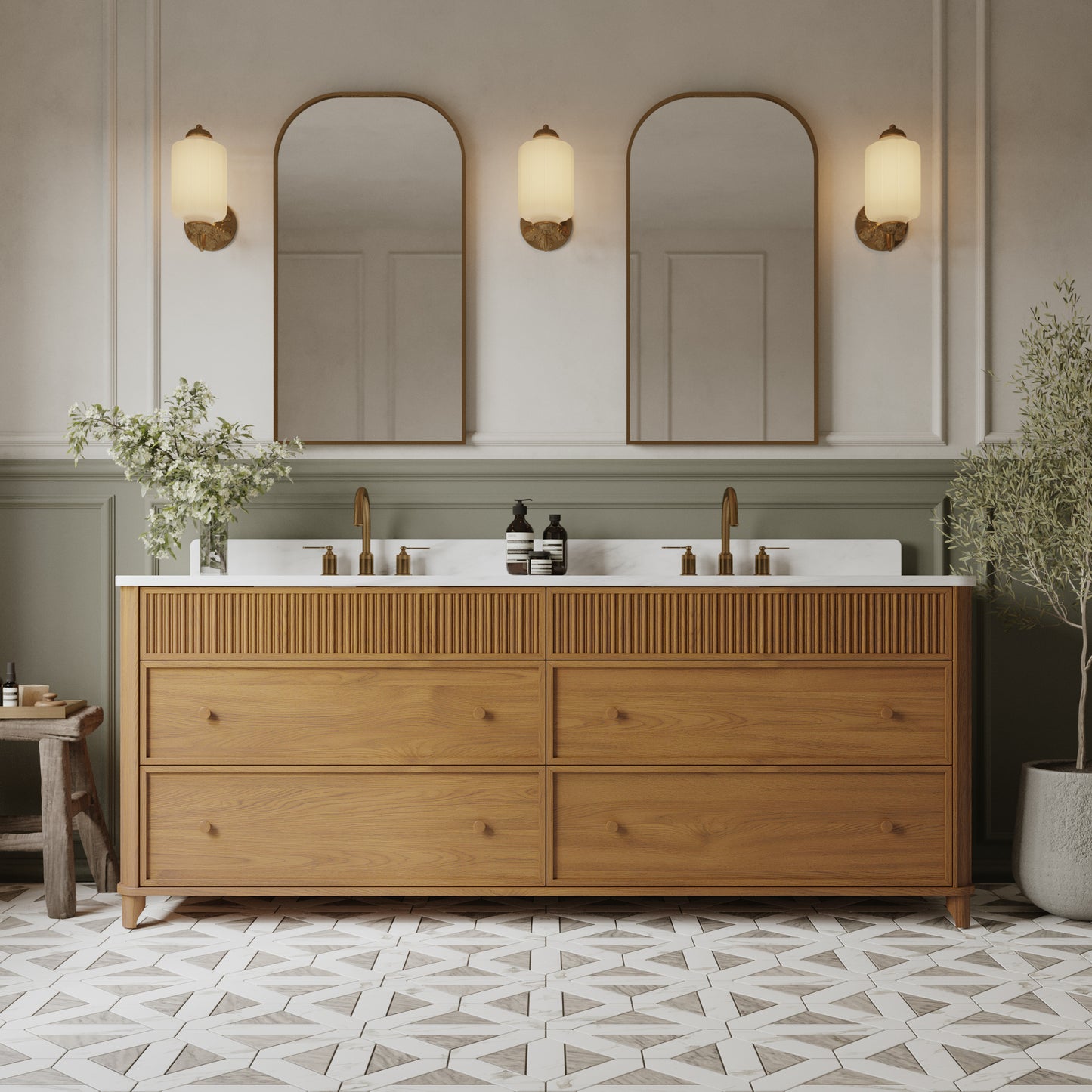 Kathryne Reeded 84" Double Bathroom Vanity in Enhanced Natural Oak | Statuario Quartz Countertop
