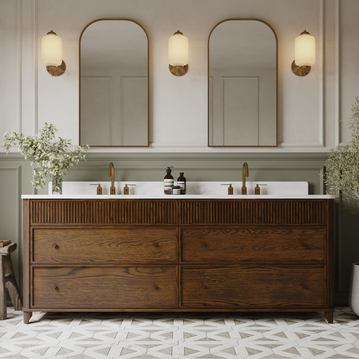 Kathryne Reeded 84" Double Bathroom Vanity in Enhanced Brown Oak | Statuario Quartz Countertop (Copy)