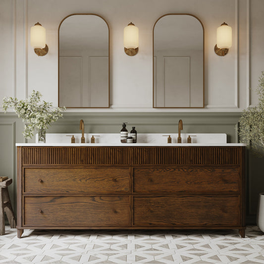 Kathryne Reeded 84" Double Bathroom Vanity in Enhanced Brown Oak | Statuario Quartz Countertop (Copy)
