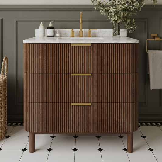 Havana 36" Wide Single Bathroom Vanity in Brown Reeded Birch with Carrara Marble Countertop