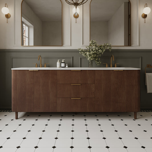 Havana 84" Double Bathroom Vanity in Brown Reeded Birch | Carrara Marble Countertop