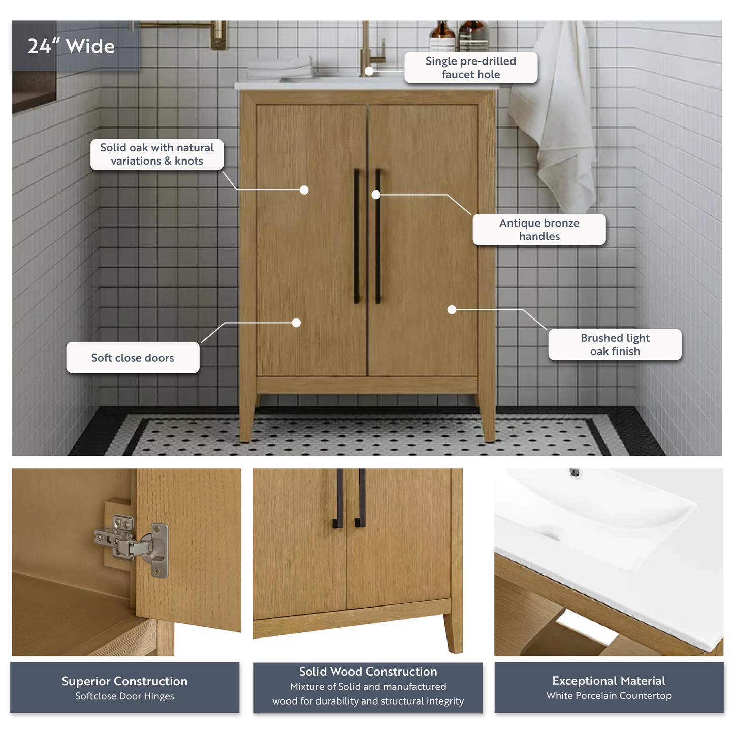 Bergen 24"W x 14"D Single Bathroom Vanity | White Porcelain Countertop