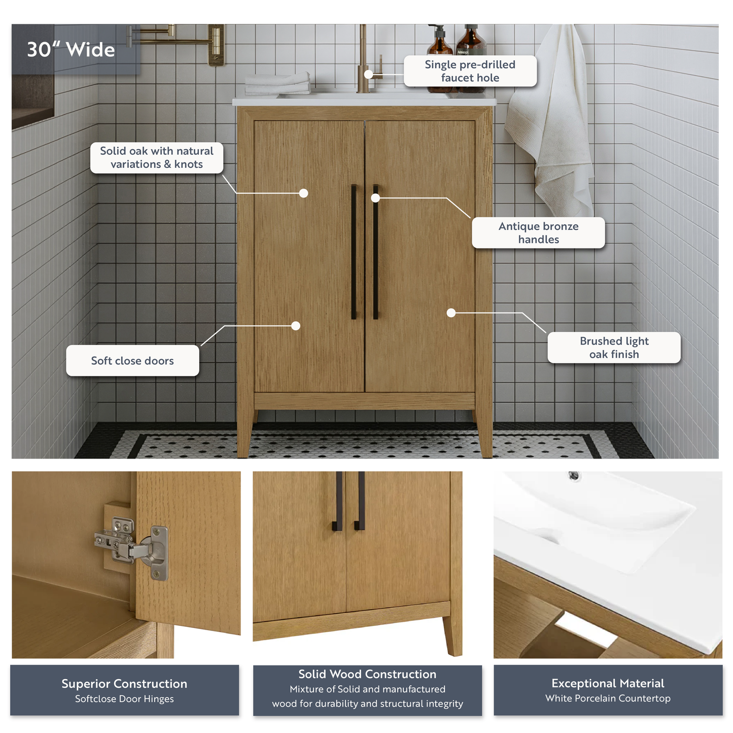 Bergen 30"W x 14"D Single Bathroom Vanity | White Porcelain Countertop