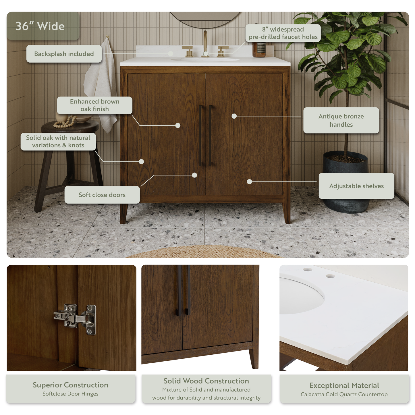 Bergen 36"W x 22"D Single Sink Bathroom Vanity | Enhanced Brown Oak | Calacatta Gold Quartz