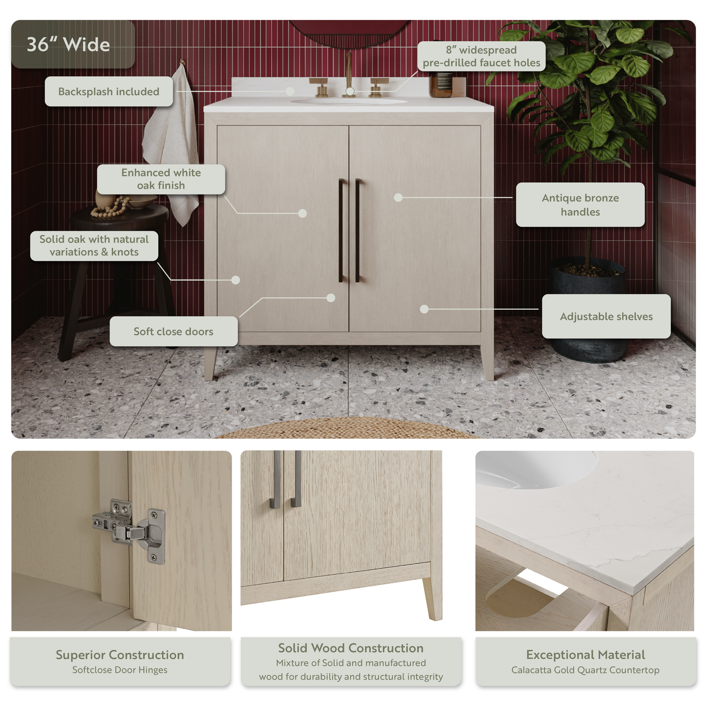 Bergen 36" Single Bathroom Vanity | Enhanced White Oak | Calacatta Gold Quartz