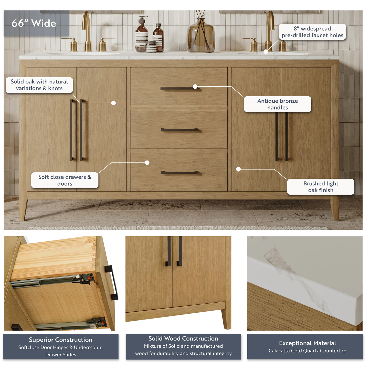 Bergen 66'' Double Bathroom Vanity in Wire Brushed Oak | Calacatta Gold Quartz Countertop