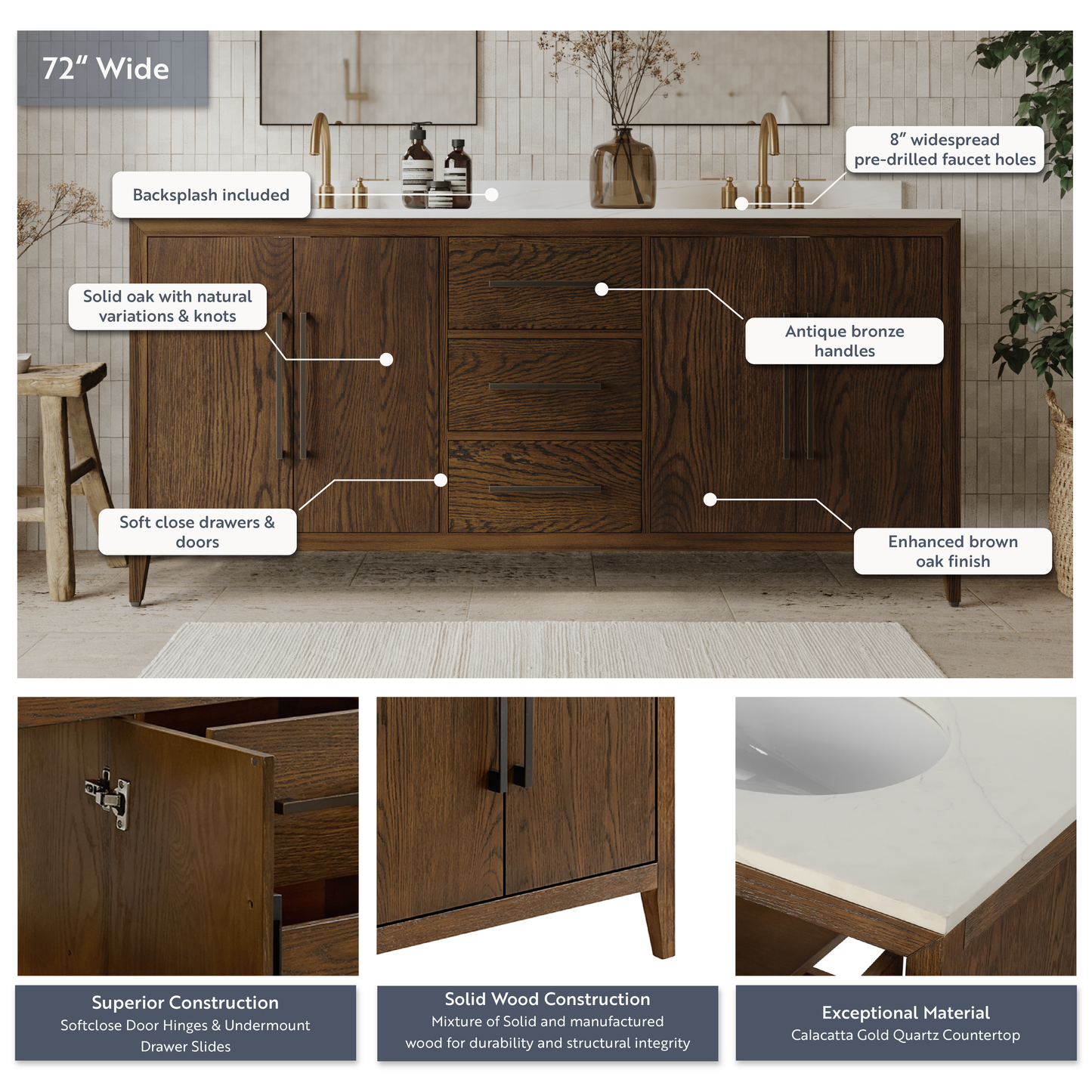 Bergen 72" Double Bathroom Vanity | Enhanced Brown Oak | Calacatta Gold Quartz