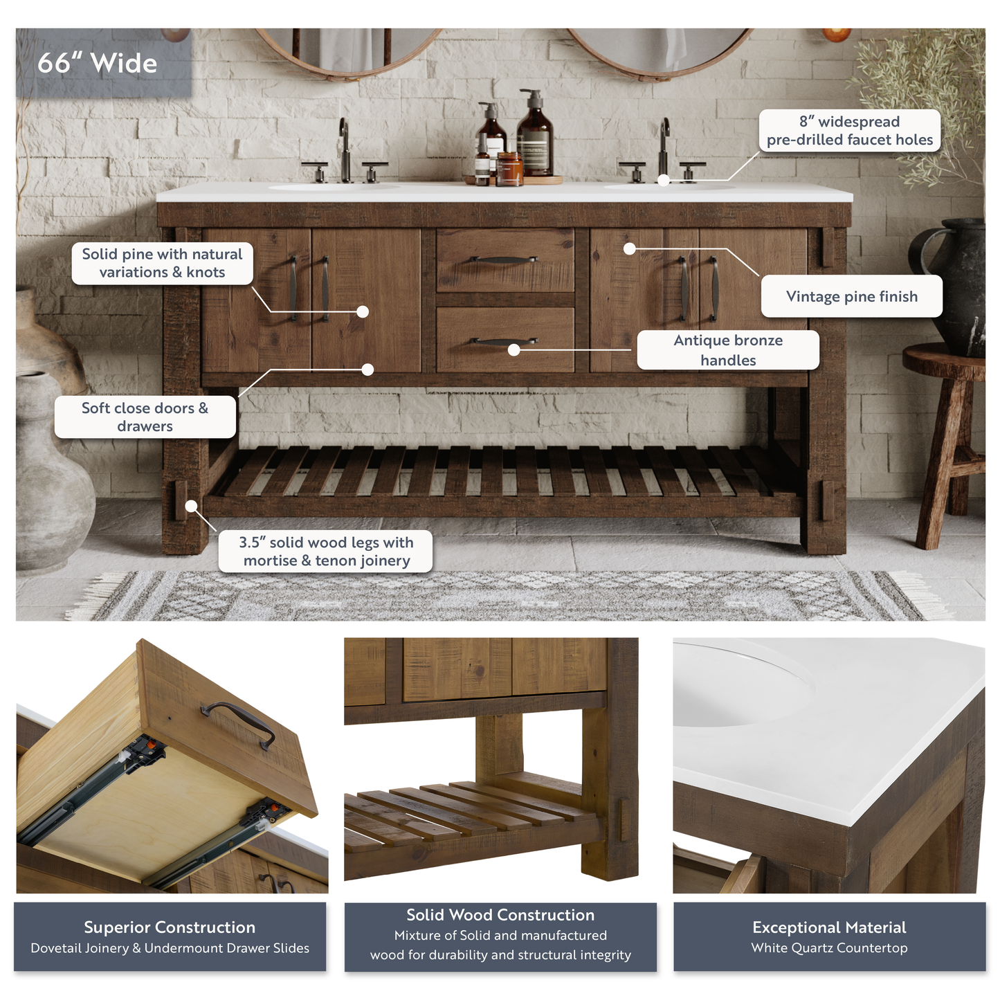 Telluride 66" Double Bathroom Vanity | White Quartz Countertop