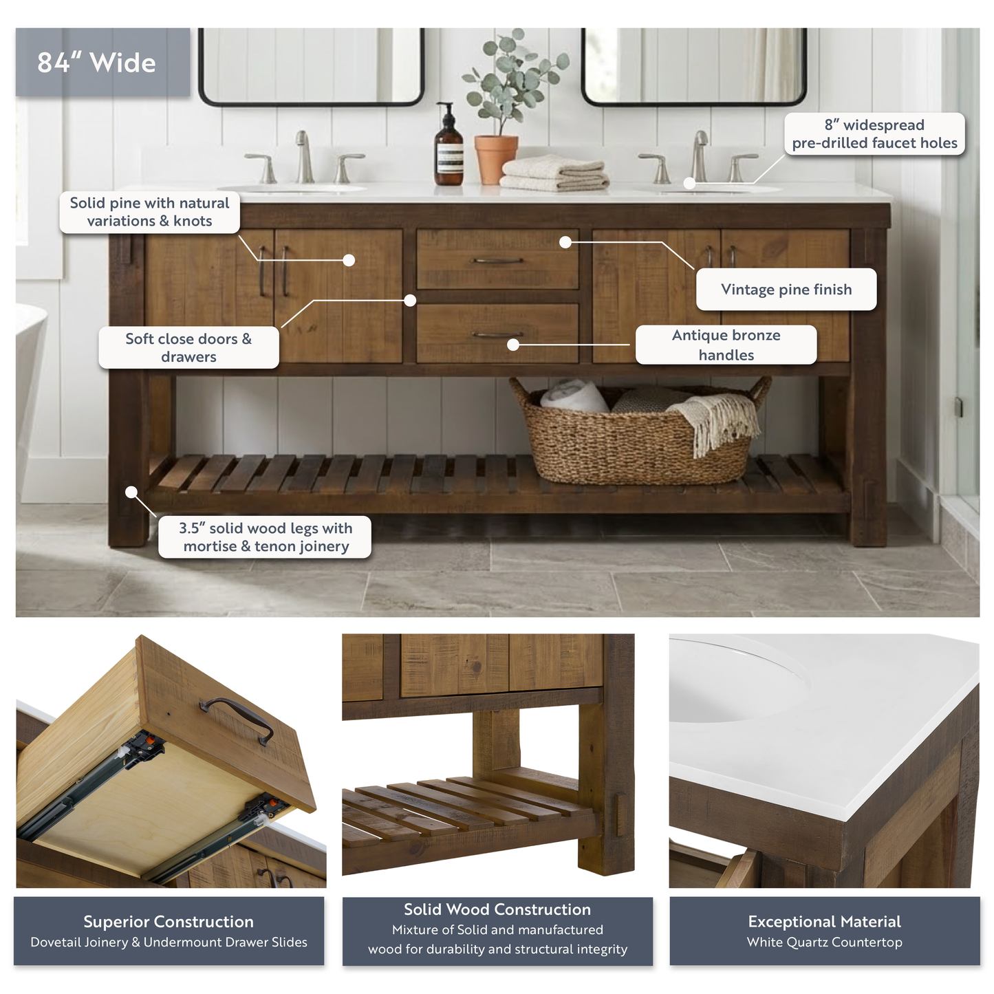 Telluride 84" Double Bathroom Vanity | Quartz Countertop