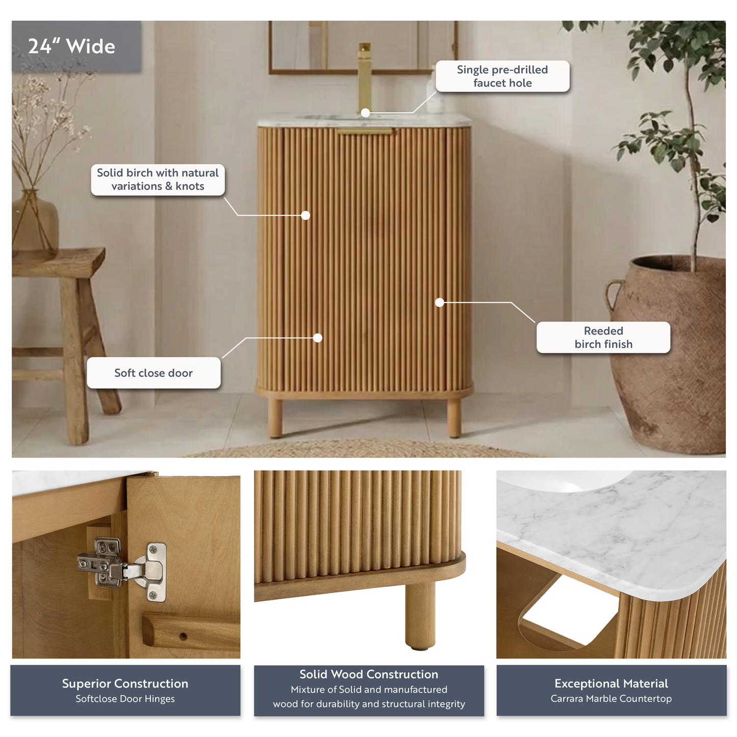 Havana 24"W x 18"D Single Bathroom Vanity in Reeded Birch | Carrara Marble Countertop