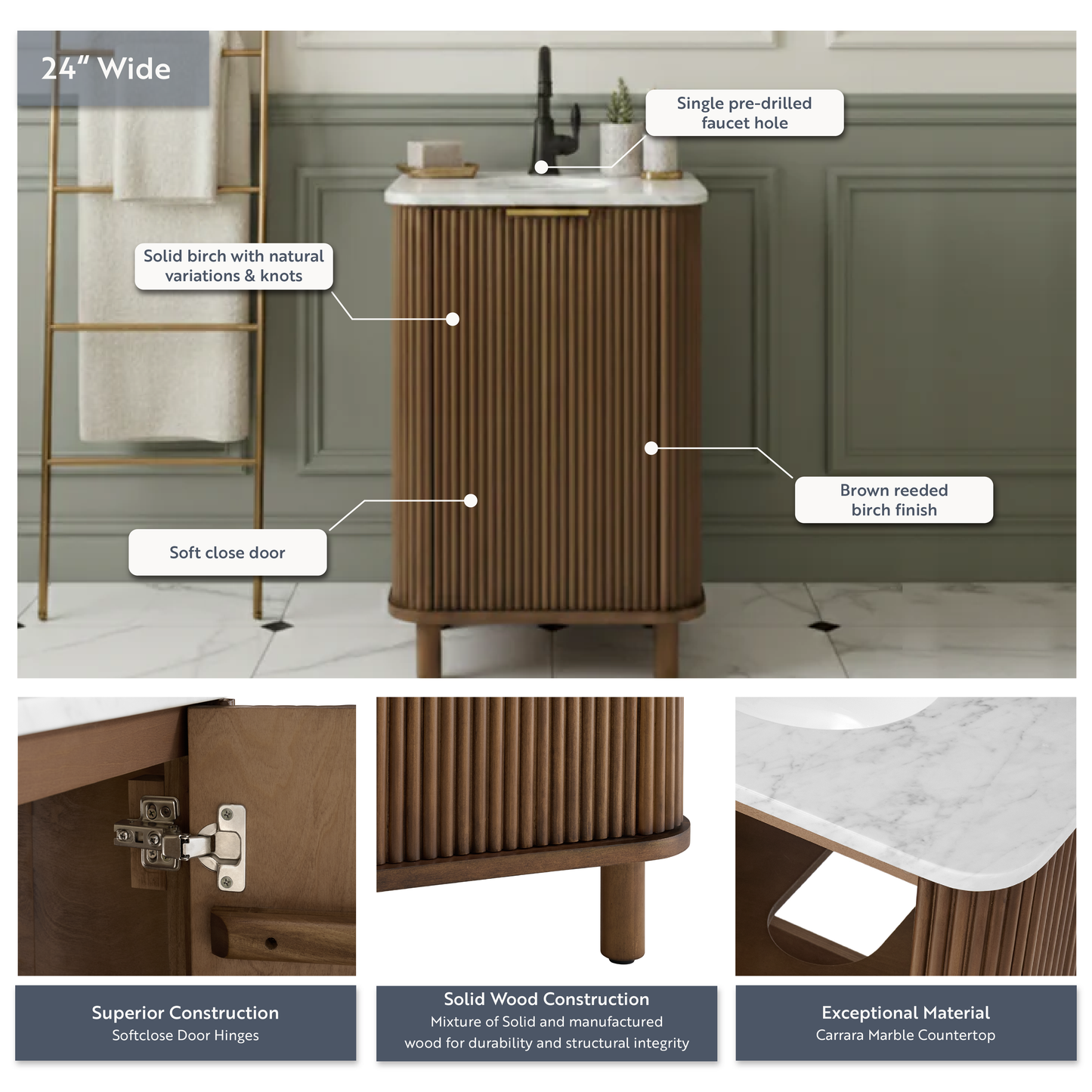 Havana 24"W x 18"D Single Bathroom Vanity in Brown Reeded Birch | Carrara Marble Countertop