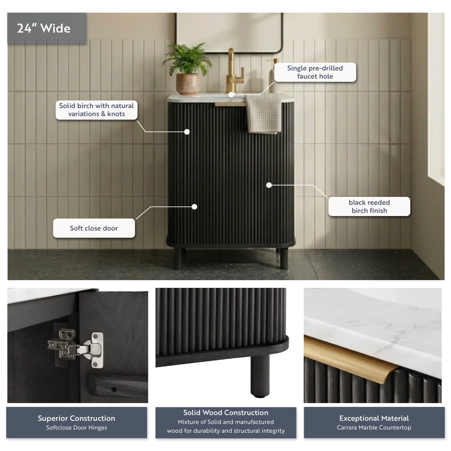 Havana 24"W x 18"D Single Bathroom Vanity in Black Reeded Birch | Carrara Marble Countertop