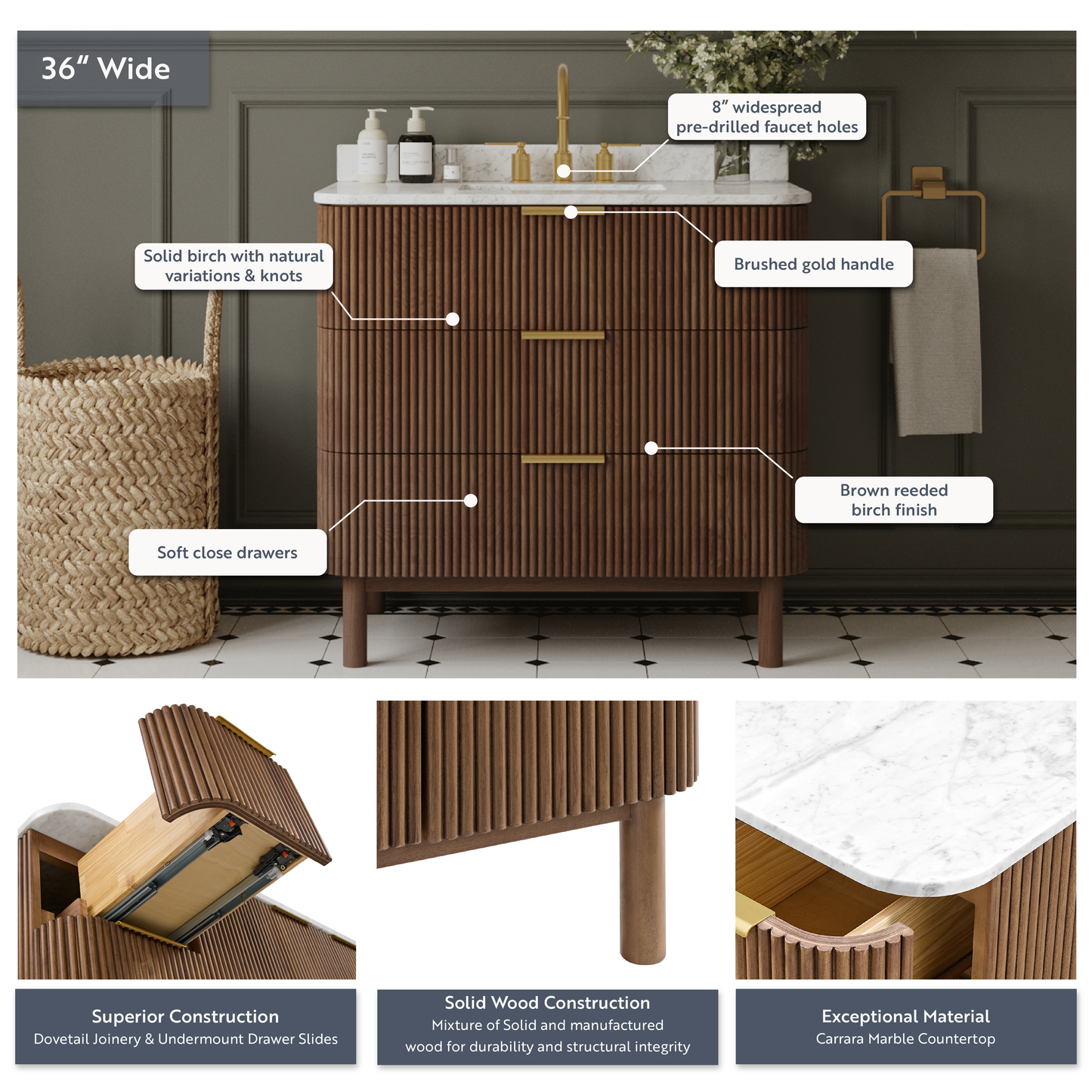 Havana 36" Single Bathroom Vanity in Brown Reeded Birch | Carrara Marble Countertop