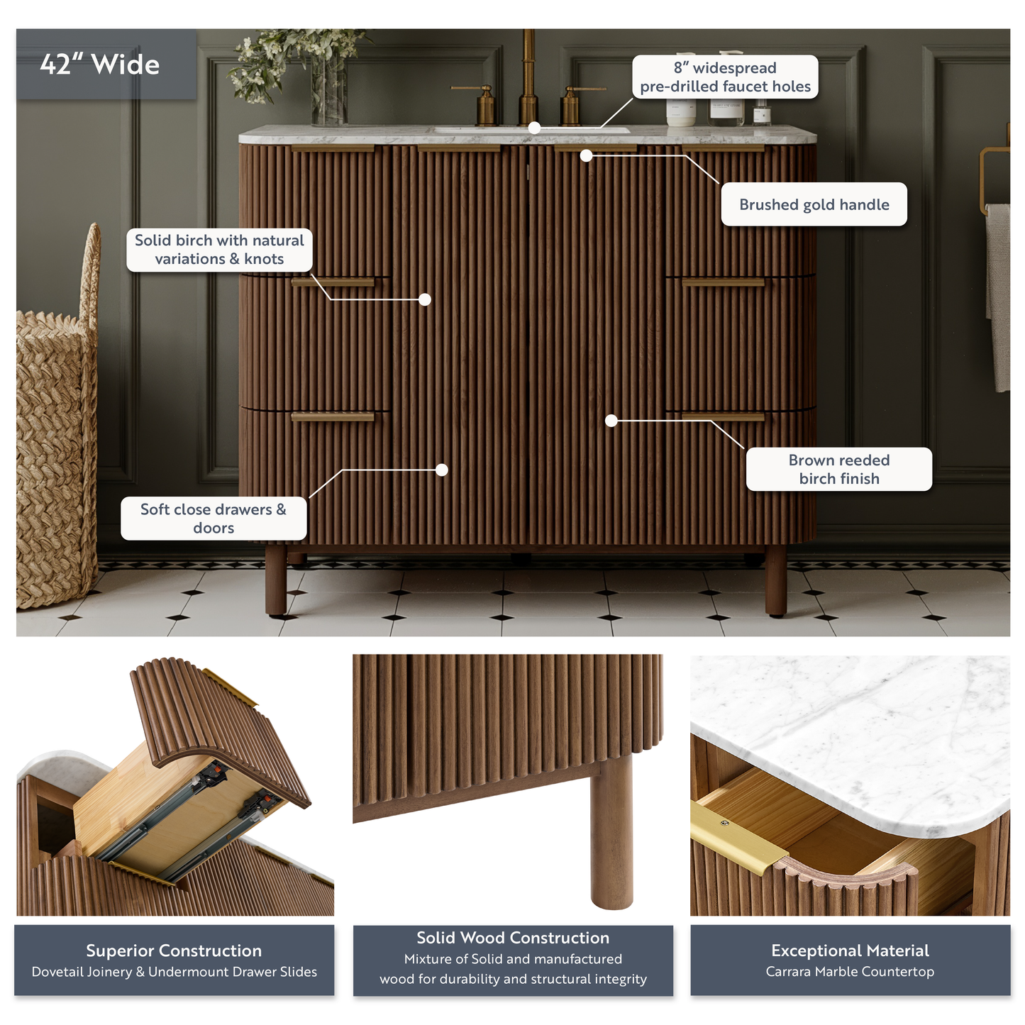 Havana 42" Single Bathroom Vanity in Brown Reeded Birch | Carrara Marble Countertop
