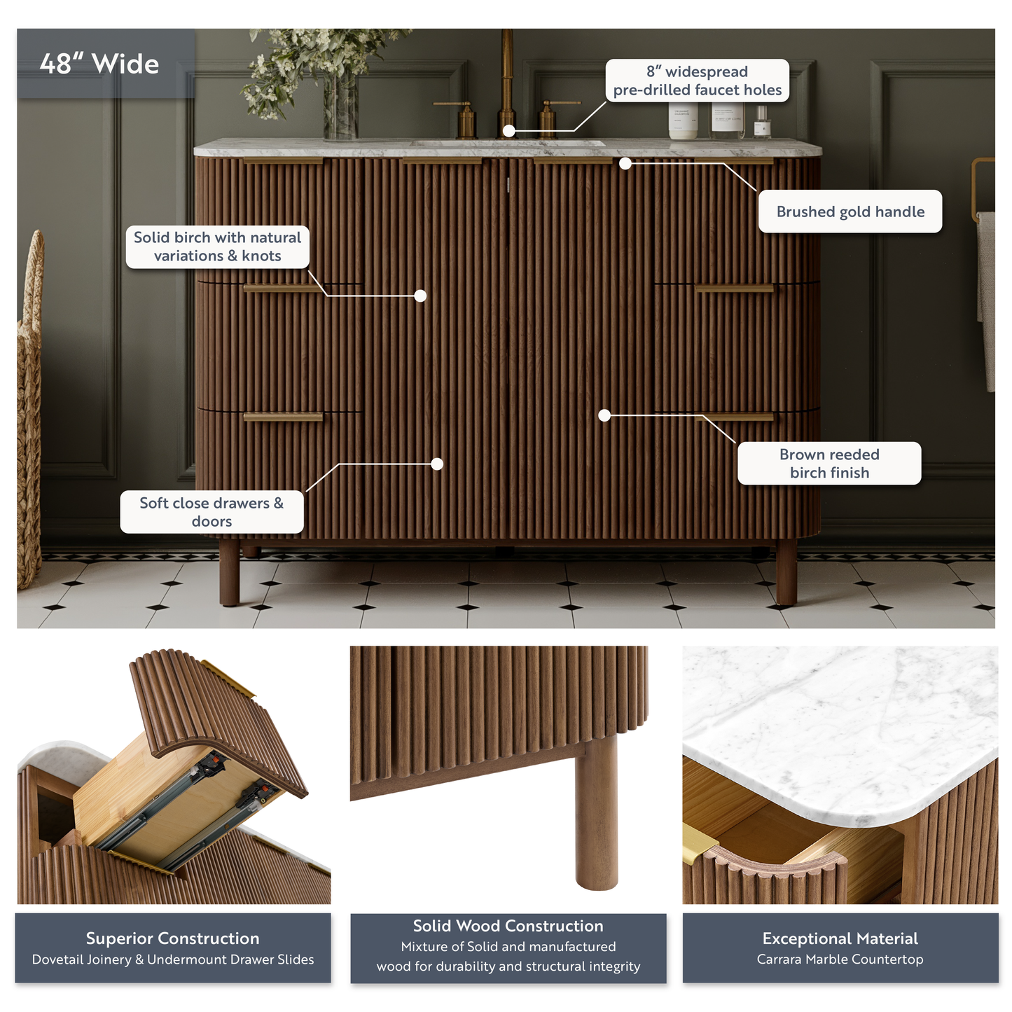 Havana 48" Single Bathroom Vanity in Brown Reeded Birch | Carrara Marble Countertop