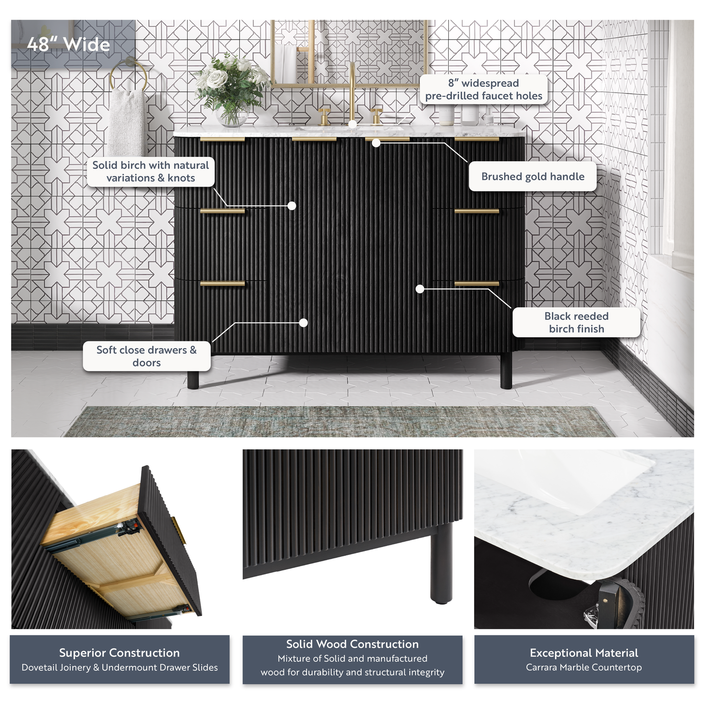 Havana 48" Single Bathroom Vanity in Black Reeded Birch | Carrara Marble Countertop
