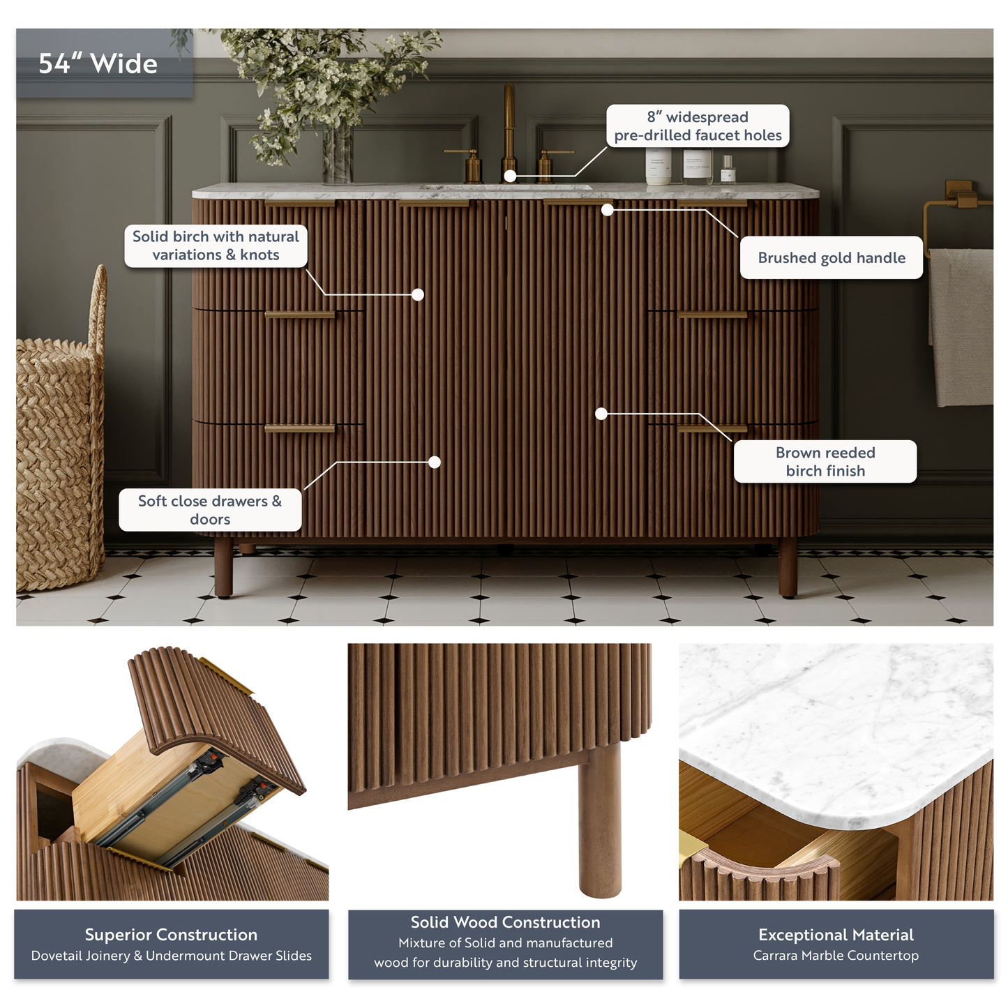 Havana 54" Single Bathroom Vanity in Brown Reeded Birch | Carrara Marble Countertop