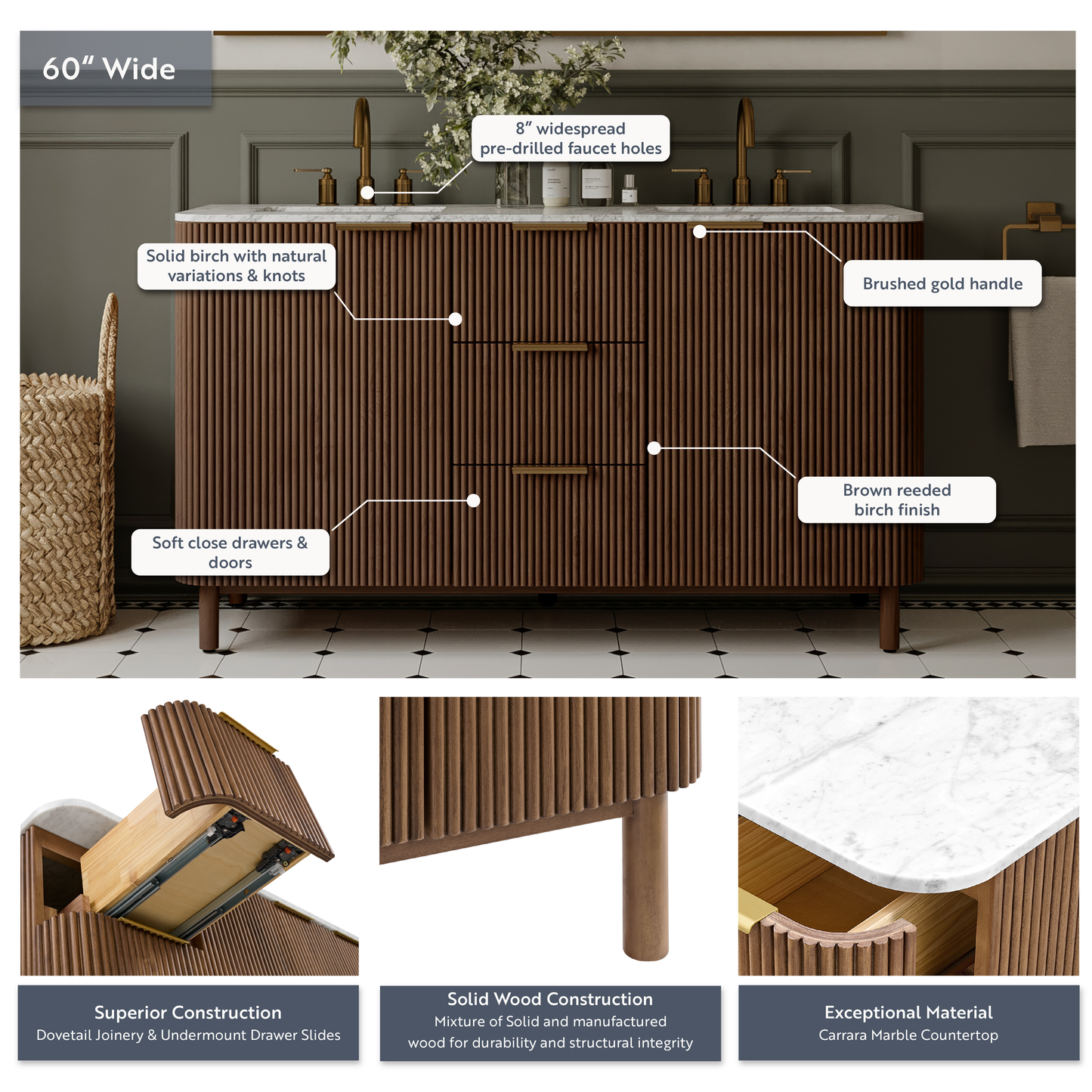Havana 60" Double Bathroom Vanity in Brown Reeded Birch | Carrara Marble Countertop