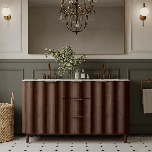 Havana 60" Width Double Bathroom Vanity In Brown Reeded Birch