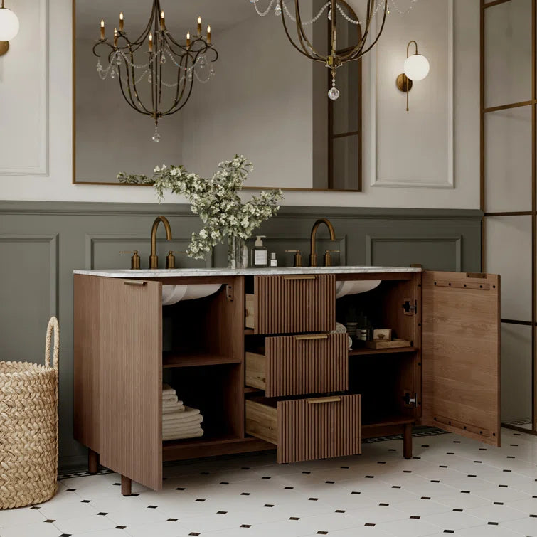Havana 60" Width Double Bathroom Vanity In Brown Reeded Birch
