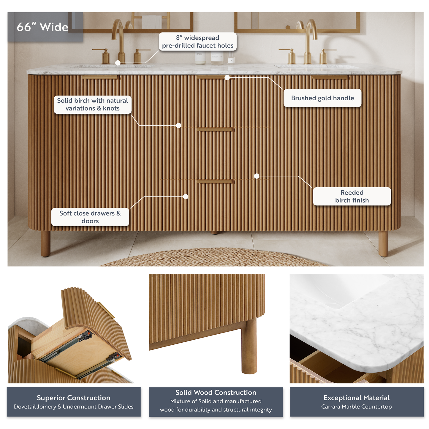Havana 66" Double Bathroom Vanity in Reeded Birch | Carrara Marble Countertop