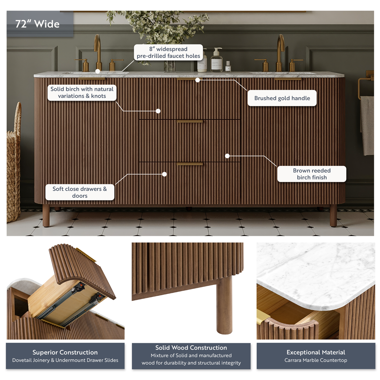 Havana 72" Double Bathroom Vanity in Brown Reeded Birch | Carrara Marble Countertop