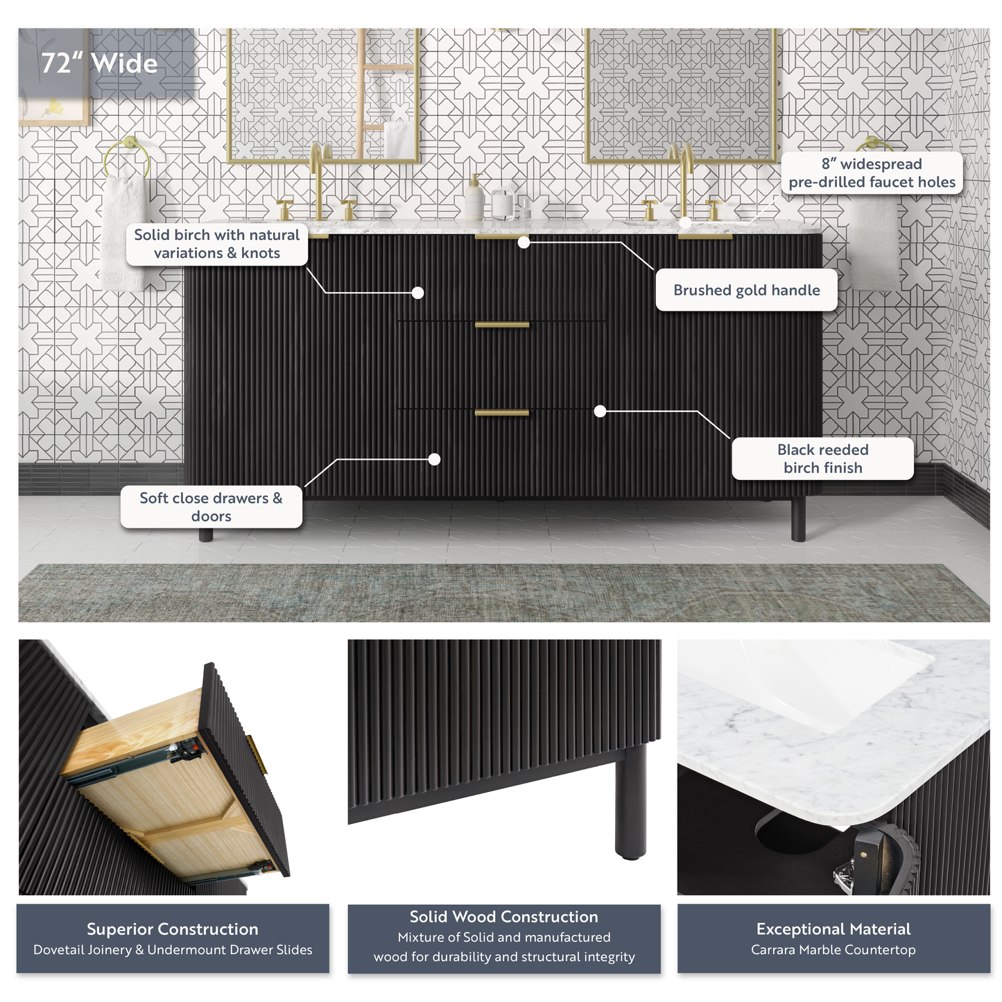 Havana 72" Double Bathroom Vanity in Black Reeded Birch | Carrara Marble Countertop