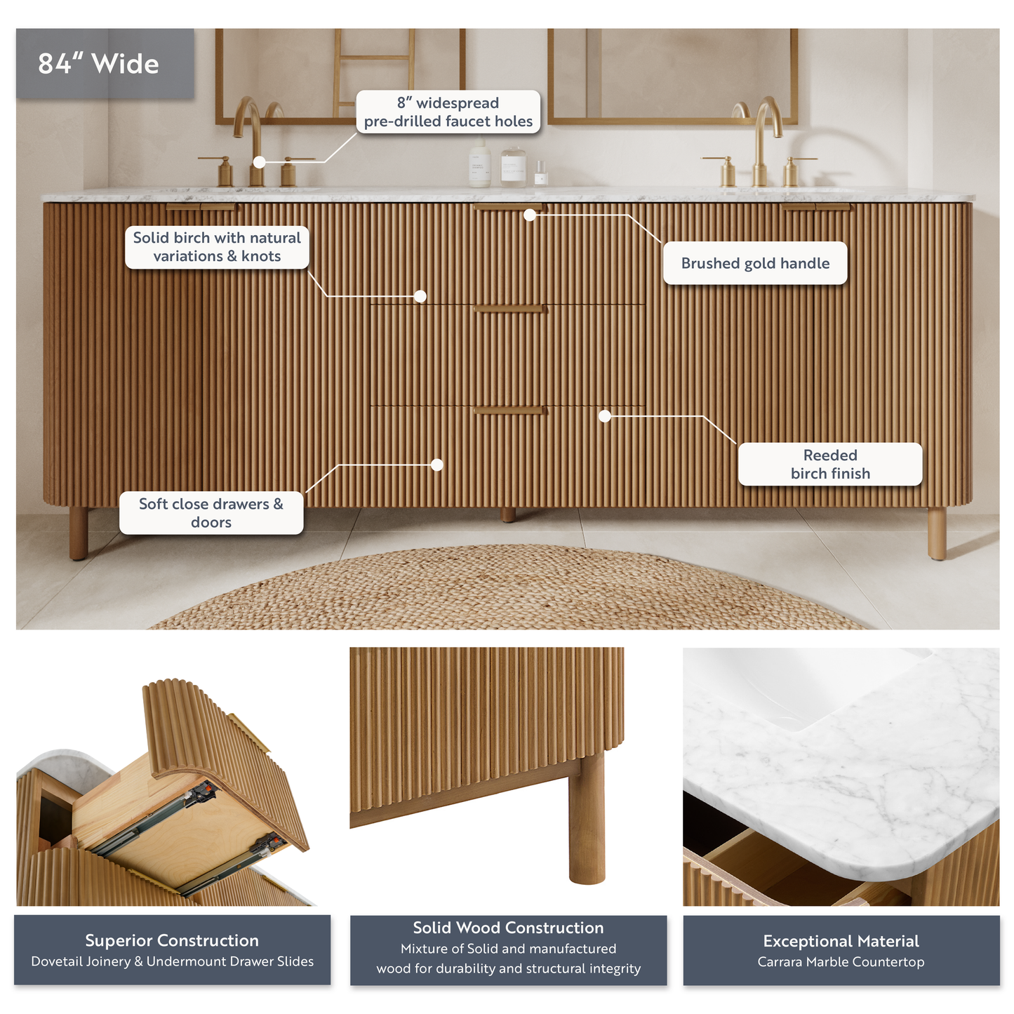 Havana 84" Double Bathroom Vanity in Reeded Birch | Carrara Marble Countertop