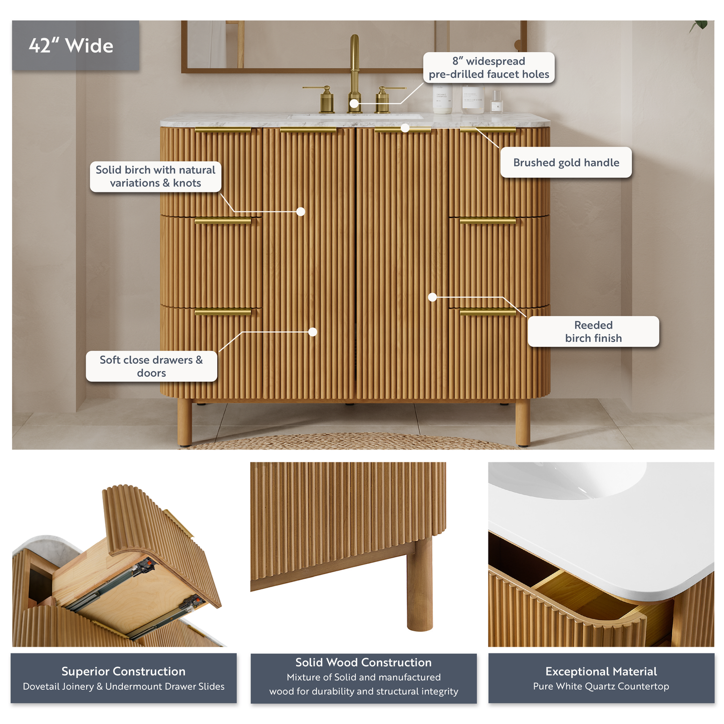 Havana 42" Single Bathroom Vanity in Reeded Birch | Quartz Countertop