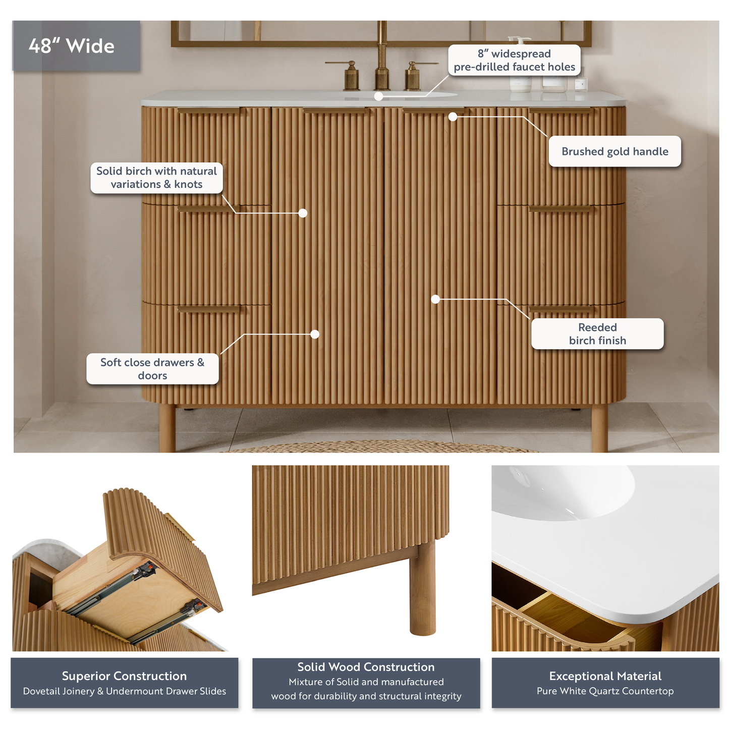 Havana 48" Single Bathroom Vanity in Reeded Birch | Quartz Countertop