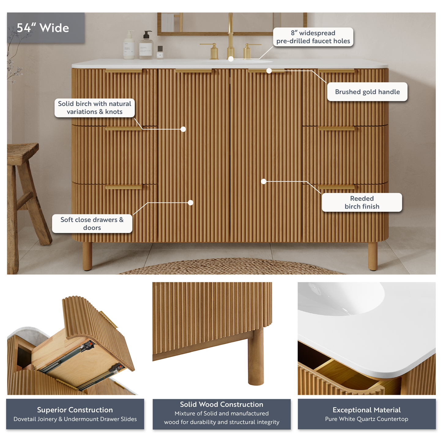 Havana 54" Single Bathroom Vanity in Reeded Birch | White Quartz Countertop