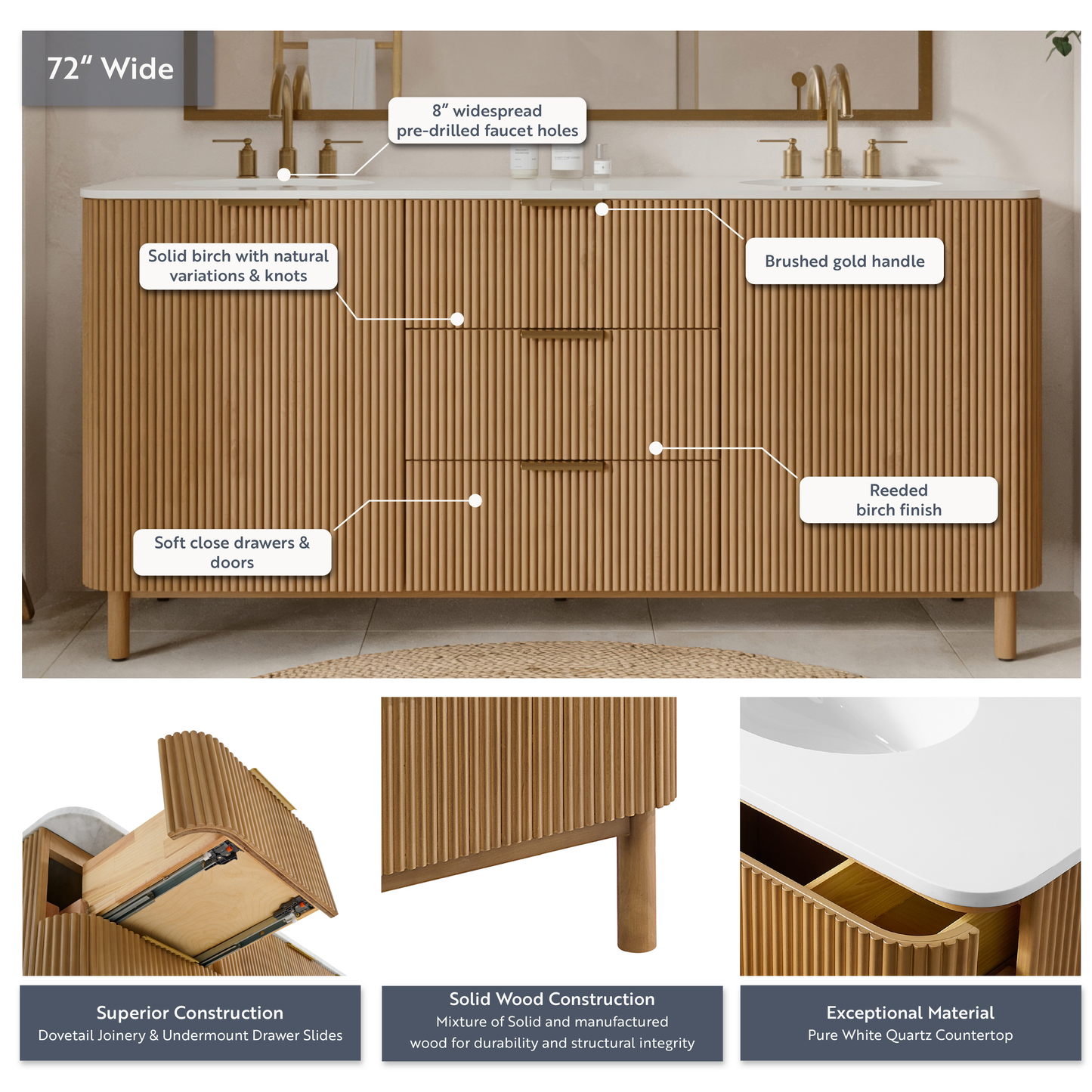 Havana 72" Double Bathroom Vanity in Reeded Birch | White Quartz Countertop