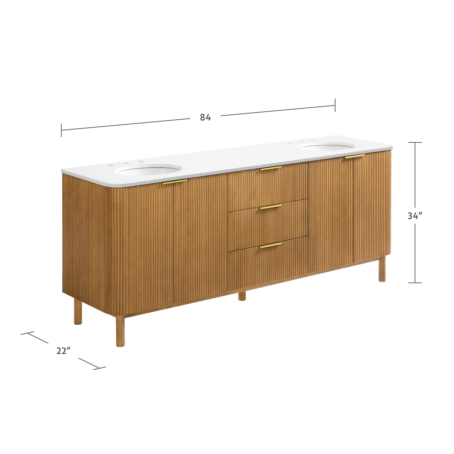 Havana 84" Double Bathroom Vanity in Reeded Birch  | White Quartz Countertop