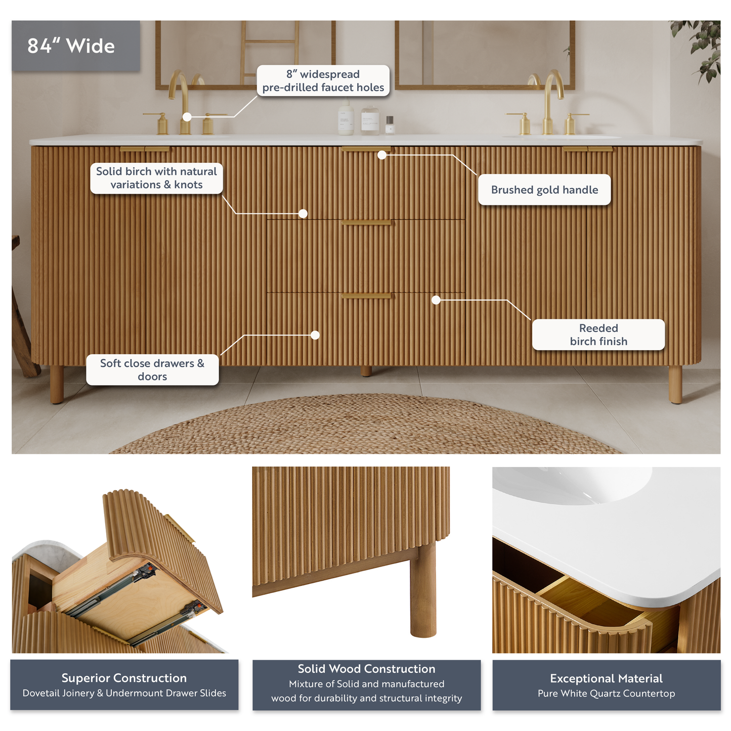 Havana 84" Double Bathroom Vanity in Reeded Birch  | White Quartz Countertop