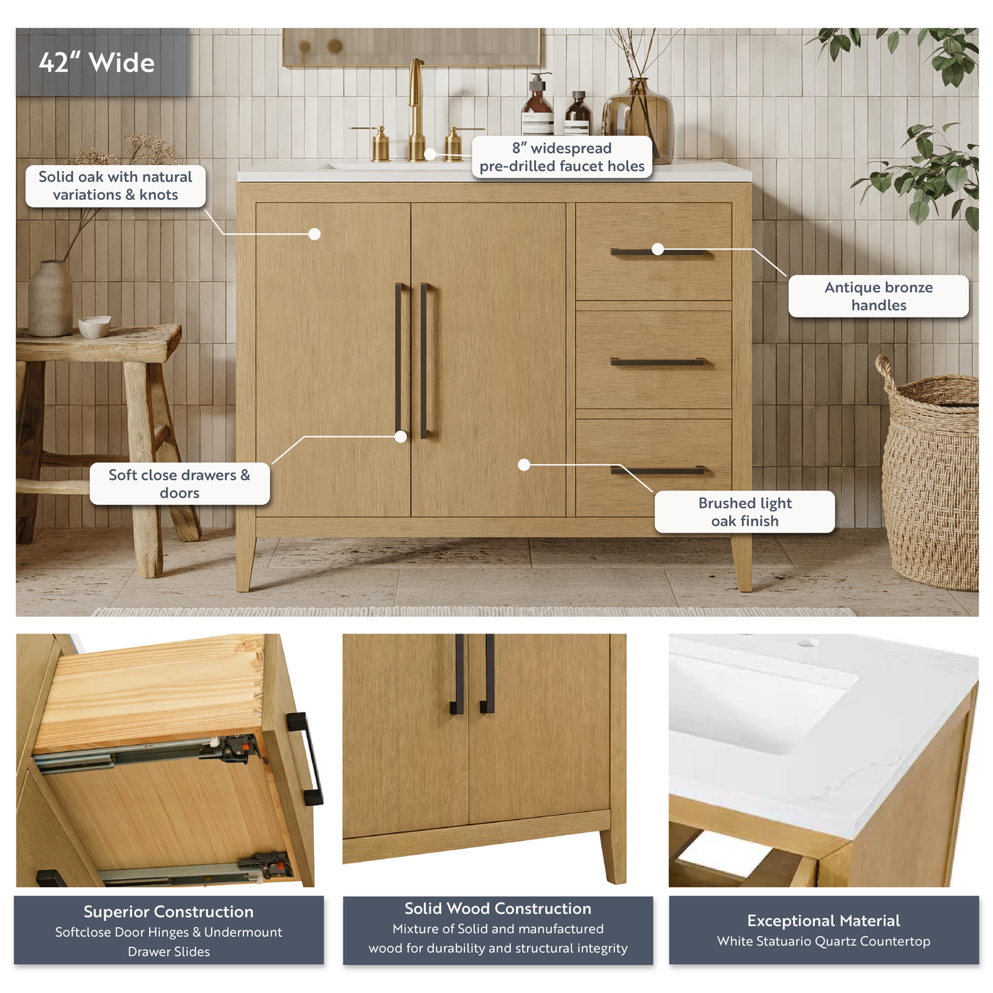 Bergen 42" Single Bathroom Vanity in Wire Brushed Oak | White Statuario Quartz Countertop