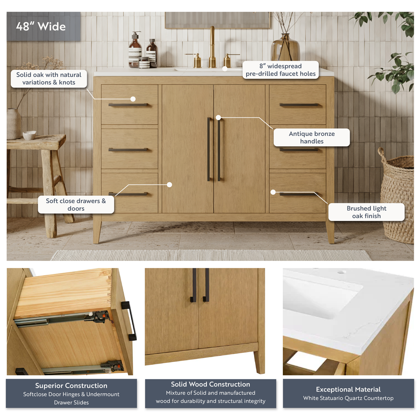 Bergen 48" Single Bathroom Vanity in Wire Brushed Oak | White Statuario Quartz Countertop