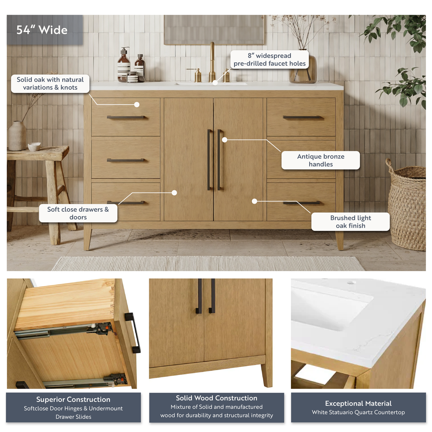 Bergen 54" Single Bathroom Vanity in Wire Brushed Oak | White Statuario Quartz Countertop