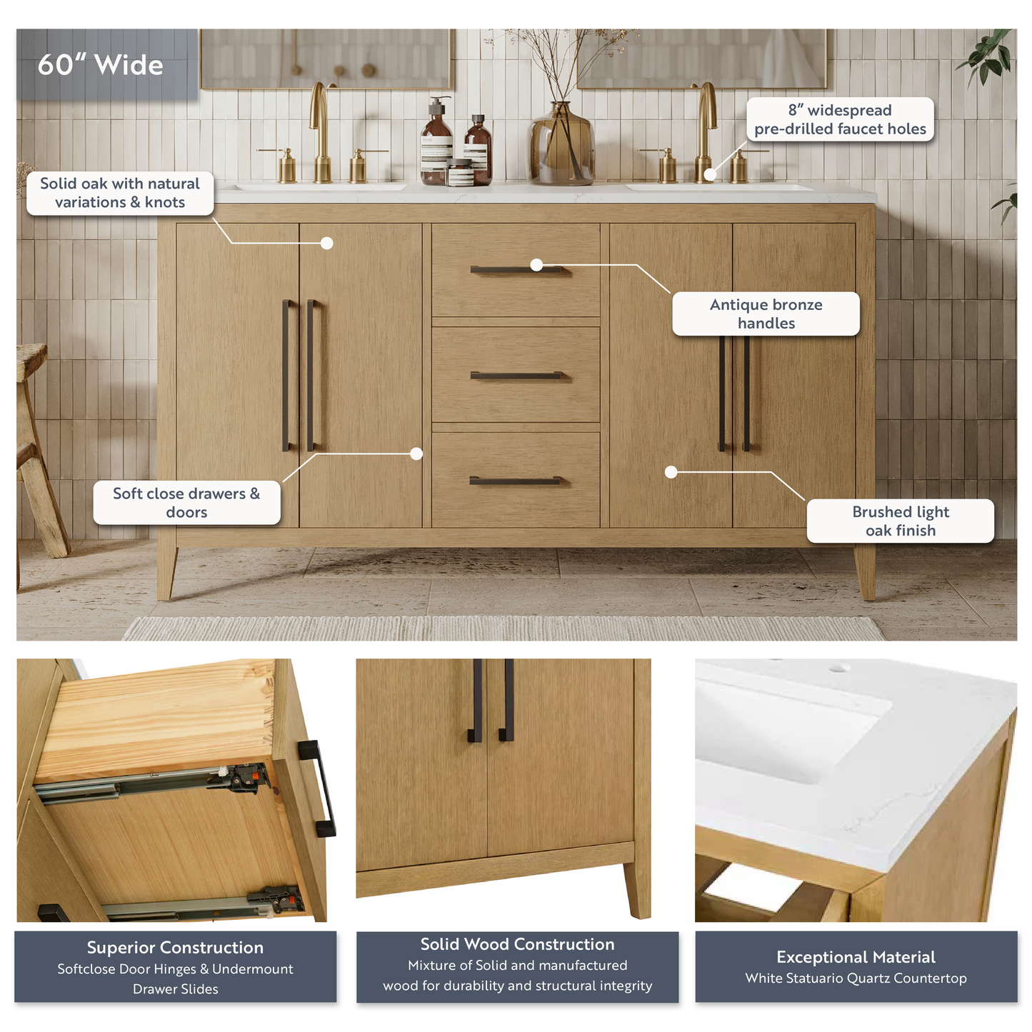 Bergen 60" Double Bathroom Vanity in Wire Brushed Oak | White Statuario Quartz Countertop