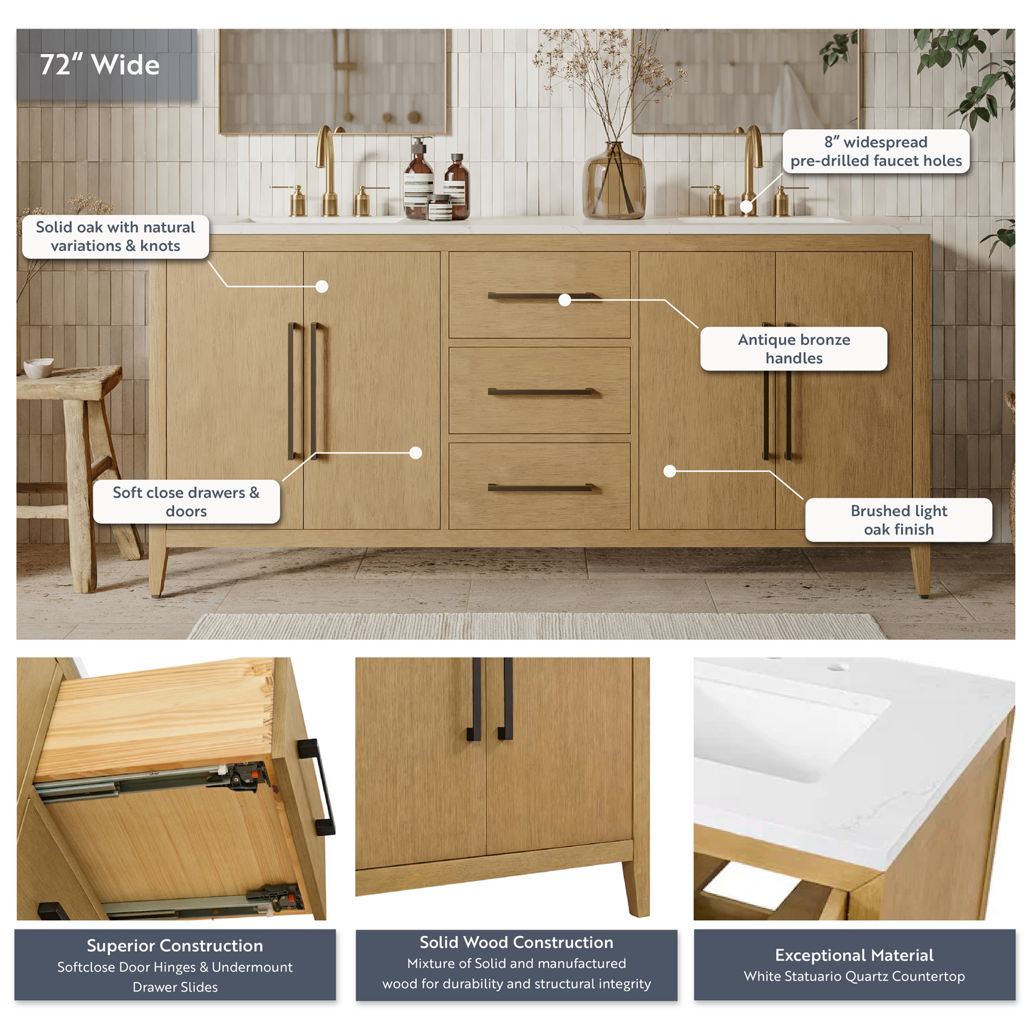 Bergen 72" Double Bathroom Vanity in Wire Brushed Oak | White Statuario Quartz Countertop