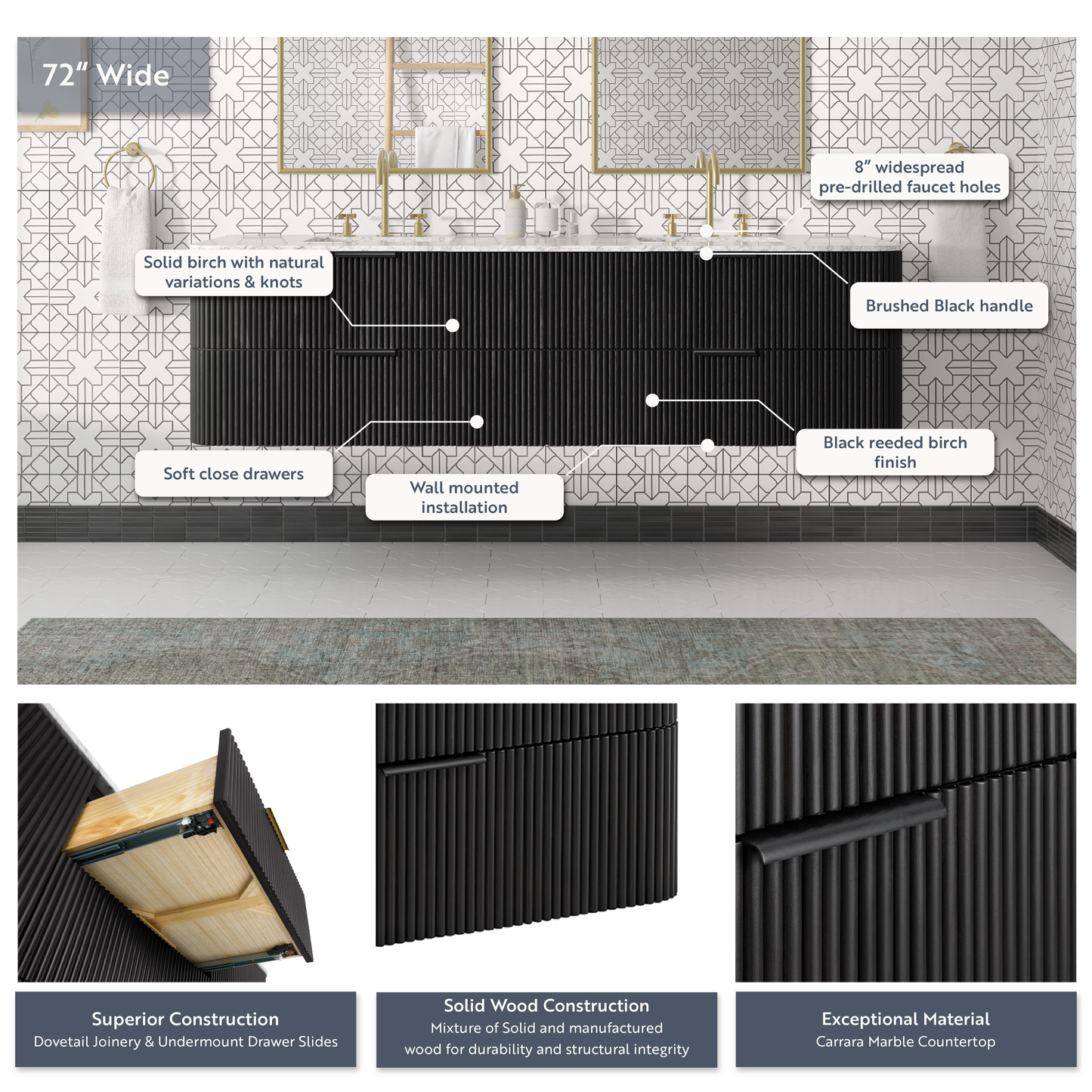 Havana 72" Floating Double Bathroom Vanity in Black Reeded Birch | Carrara Quartz Countertop