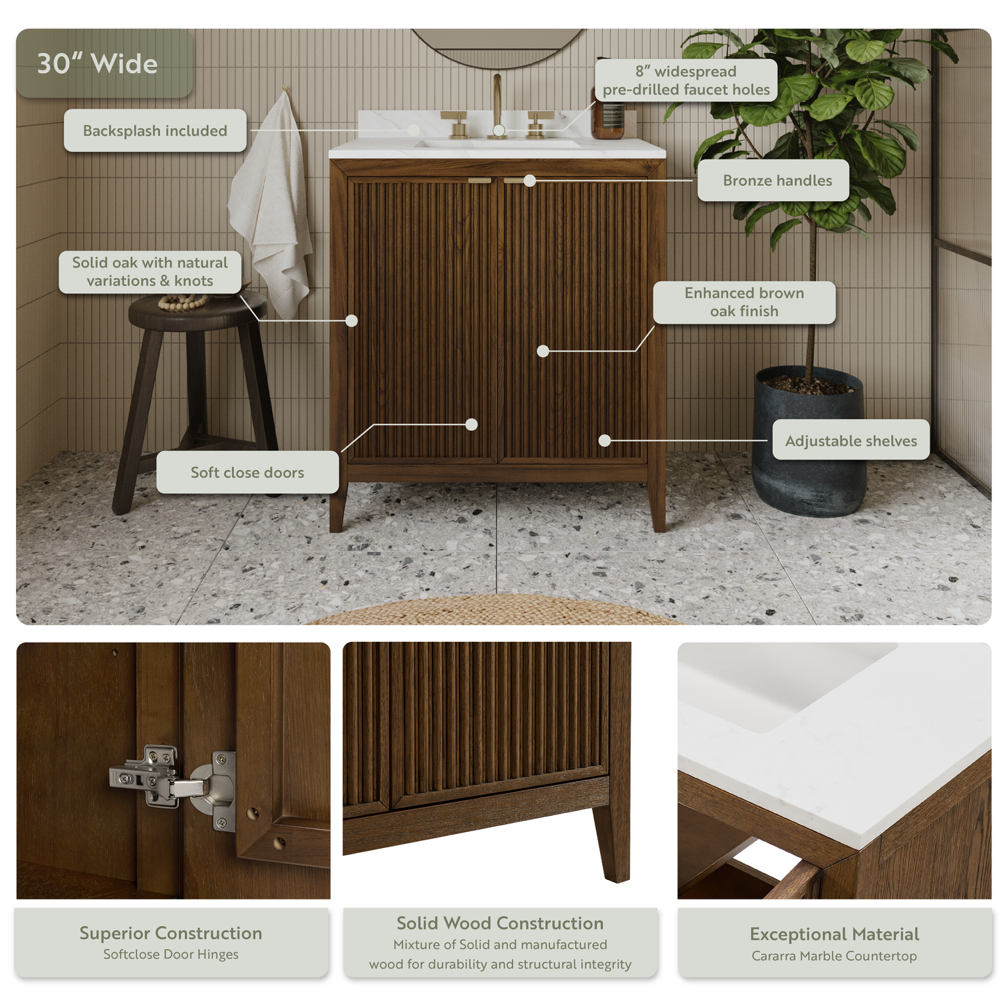 Kendal 30" Bathroom Vanity | Enhanced Brown Oak | Cultured Marble Countertop