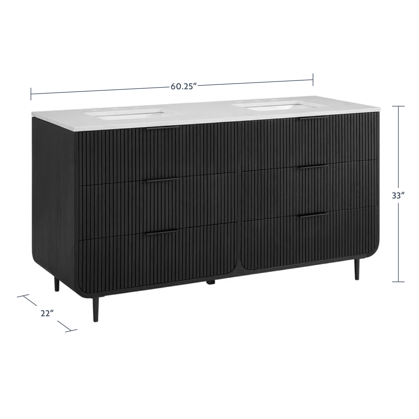 Bern 60" Reeded Black Oak Double Sink Bathroom Vanity | Engineered Marble Countertop