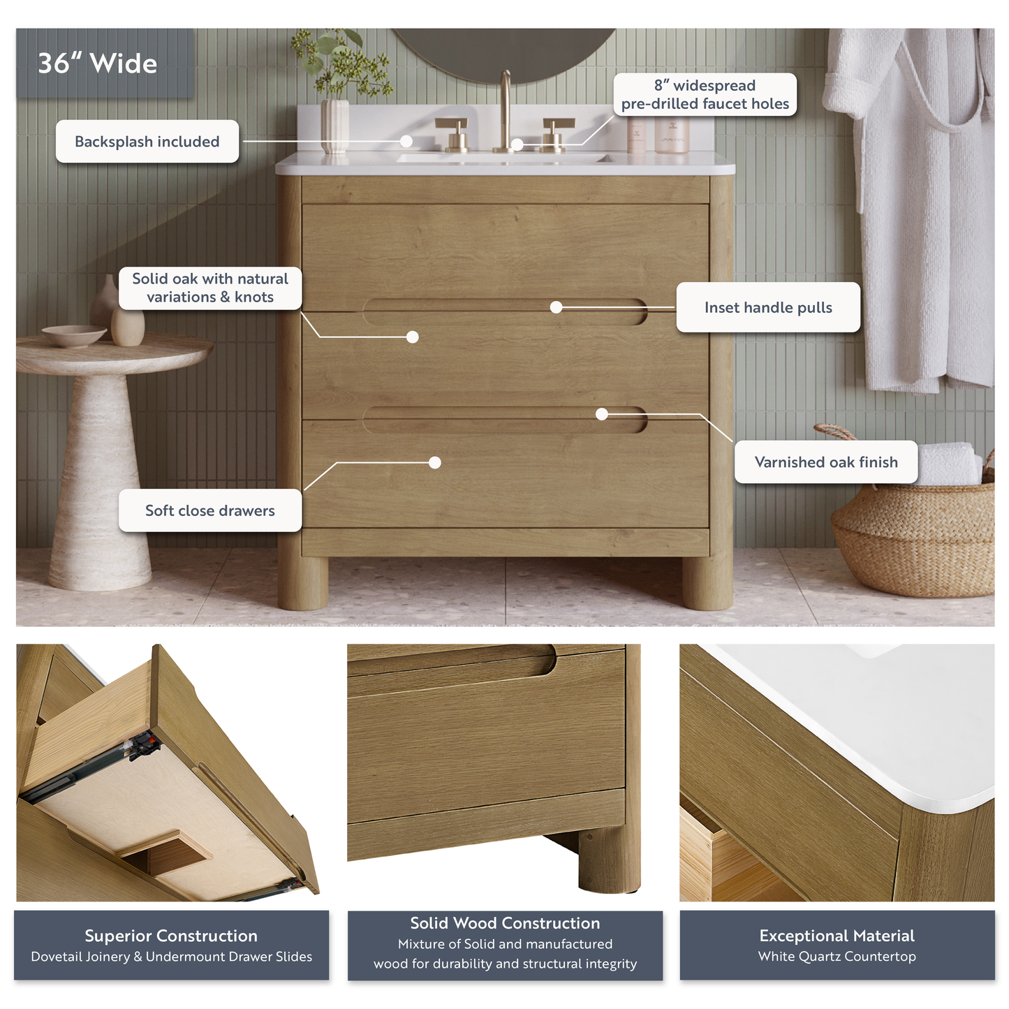 Oslo 36" Single Bathroom Vanity in Varnished Oak | White Quartz Countertop