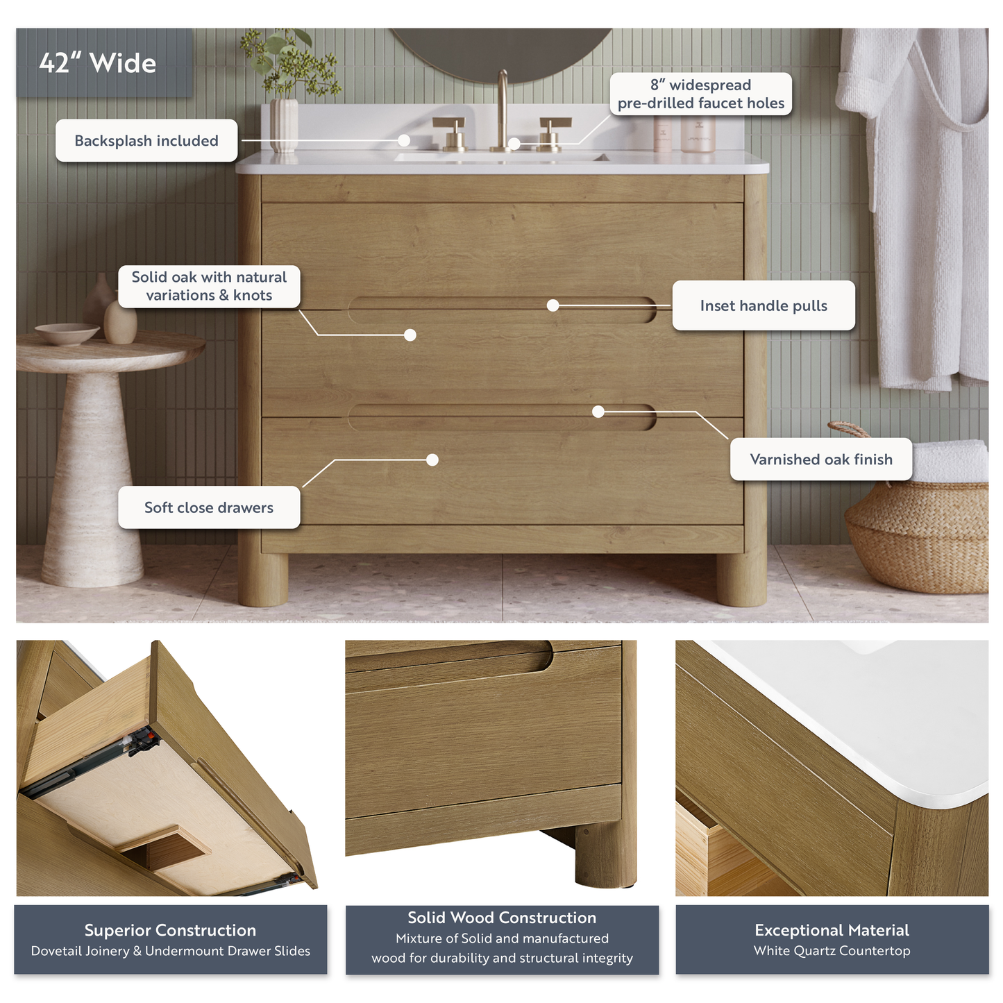 Oslo 42" Single Bathroom Vanity in Varnished Oak | White Quartz Countertop