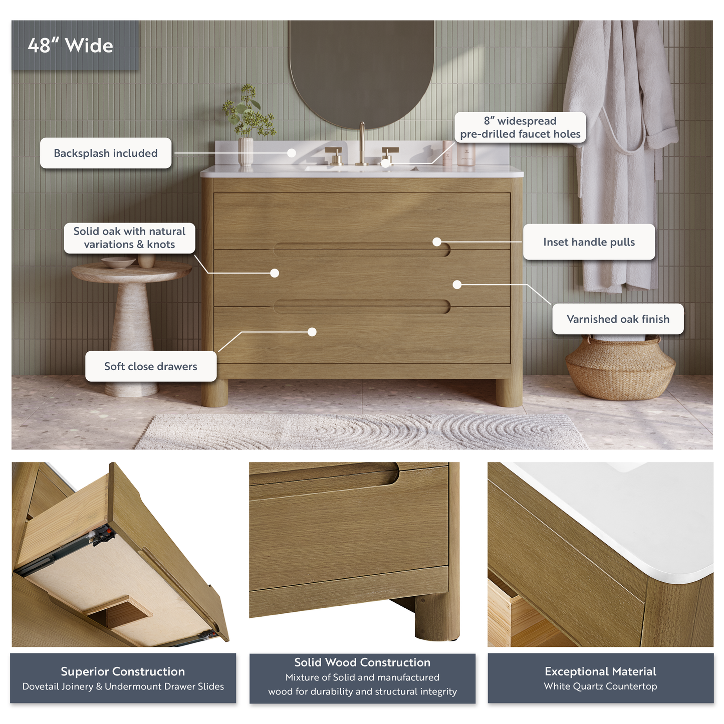 Oslo 48" Modern Oak Single Bathroom Vanity | White Quartz Countertop